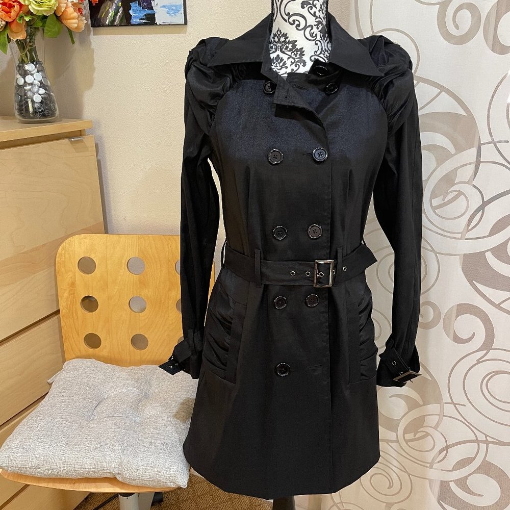 Saks Fifth Ave. Black double breasted Trench Coat with ruffled shoulders pockets